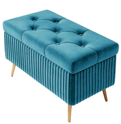 Ottomán de almacenamiento, Banco otomano de extremo de cama con almacenamiento, tapizado en tela con botones, banco para pies tipo taburete para sala de estar, dormitorio y entrada(Peacockblue,60cm)