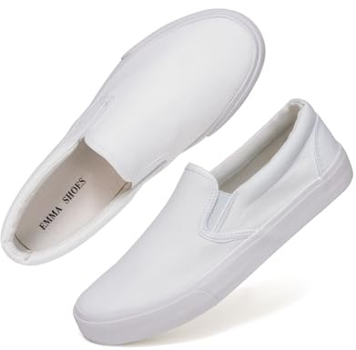 Emma Shoes Low-Top Slip Ons Women's Fashion Sneakers Casual Canvas Sneakers for Women Comfortable Flats Breathable Padded Insole Slip on Sneakers Women Low Slip on Shoes, All White, 8.5