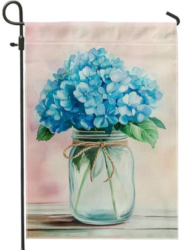 Drapeau de jardin hortensia bleu, décoration florale d'été, bannière double face en toile de jute pour décoration de pelouse extérieure, parfaite pour la maison et le jardin, 30,5 x 45,7 cm