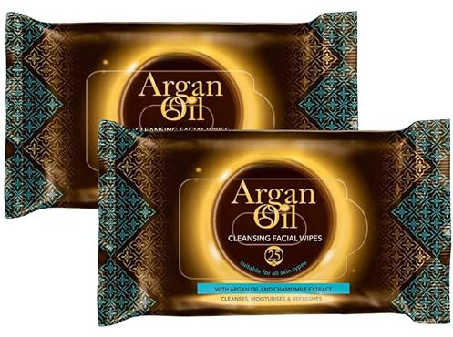 Argan Oil and Chamomile Extract Facial Wipe Hydrating & Nourishing Beauty Wipe for Sensitive Skin Daily Skin Cleaner for Face & Makeup Removal Gentle, Moisturizing Wipes - Twin Pack 50 Wipes