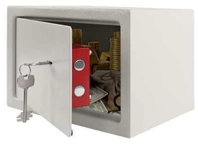 Suusolny Tresor Coffre-fort ignifuge et étanche (31 x 20 x 20 cm – L) avec 2 clés – Armoire à monnaie pour argent, bijoux, médicaments, coffre-fort de meubles comme coffre-fort mural ou au sol – Beige