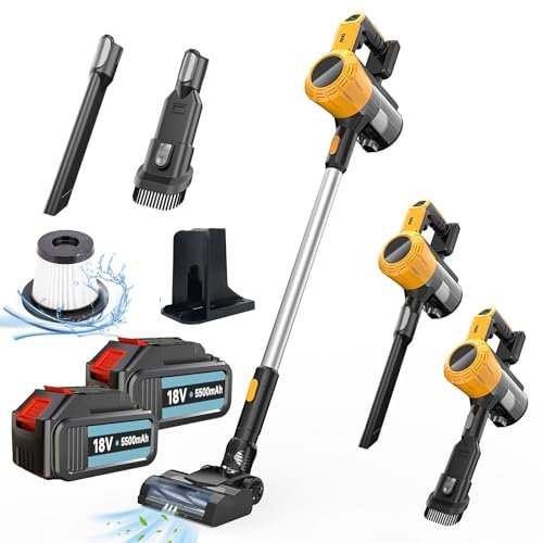 RONTALY Cordless Vacuum Cleaner 550W&65Mins, Stick Vacuum with 2X 5500mAh battery, Vacuum Cleaner Cordless, Anti-Tangle, 3-in-1 for Hardwood Floor Carpet Car Pet Hair, Compatible with Dewalt Battery
