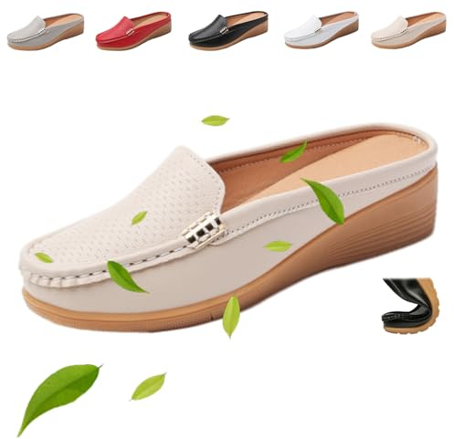 Mocassini da donna in pelle, con suola morbida, fondo largo, senza retro, leggeri, antiscivolo, ortopedici, zoccoli in pelle, con retro aperto, scarpe da passeggio, Beige, 44 EU
