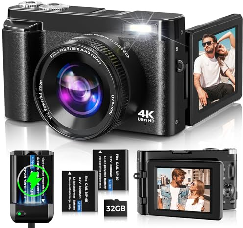 Digitalkamera,Oiadek 4K 48MP Autofokus Kamera Fotokamera mit 32 GB Speicherkarte 16-Fach Digitalzoom,Kompaktkamera mit 3,0 Zoll 180°-Klappbildschirm und Ladegerät für Anfänger