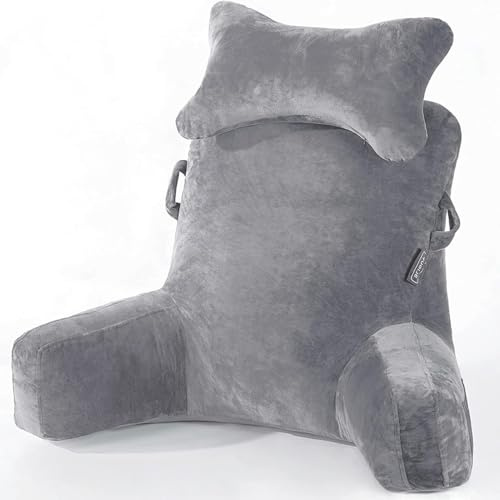 SLIGUY Almohada de Lectura, Almohada para Reposo en la Cama con Cuello Desmontable y Brazos para Sentarse en la Cama o el Respaldo, Almohada de Lectura Espalda para Adultos,Gris Oscuro