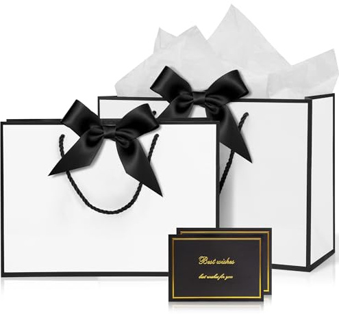 Jovilux Sacchetti Regalo Medi, 2 Sacchetti Regalo con 4 Fogli di Carta Velina e 2 Biglietti di Auguri, Sacchetti di Carta con Manici per Compleanno San Valentino, Matrimoni, Feste
