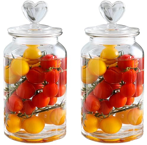 HomeyHoney Glasburk med hermetiskt hjärtformat lock | Hermetiska hjärtformade glasburkar, glasburk för godis, kakor, cirkel 1 300 ml, slät modell, 2 st
