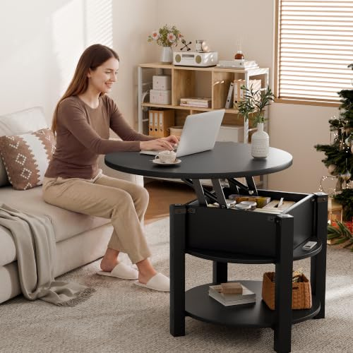 ELUCHANG Mesa de Centro Redonda Elevable y Extensible 2 en 1 para Salón y Oficina, Mesa de Cafe con Espacio de Almacenamiento de 2 Niveles, Madera en Color Negro, 60x60cm