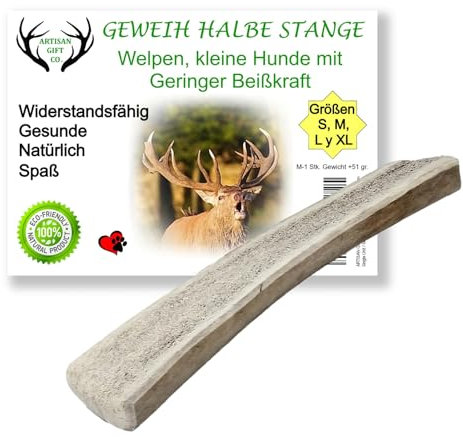 ARTISAN GIFT CO Rothirsch Geweih Hunden Kausnack Halbe Stange für Welpen oder Hunde - Mindestgewicht 51 Gramm (M - 1 stück)