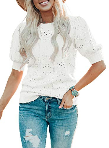 Saodimallsu - Maglioni da donna con maniche corte a sbuffo carini, girocollo ampio, leggeri, in punto maglia, pullover a maglietta bianca