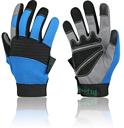 SAFTA Mechanic Work Gloves Flexible Sheep Leather Palm, Breathable Spandex Back, Utility Safety Gloves for Engineering, Driving, Gardening & Assembly SIZES (M to XL) (Blue, Large)