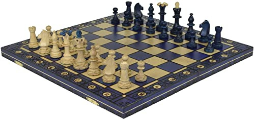 Hermoso juego de ajedrez con tablero de madera y piezas hechas a mano. Producto ideal para regalo, 40 cm, azul