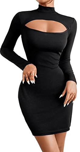 SOLY HUX Bodycon Kleid Damen Langarm Minikleid Cut Outs Kleider Herbst Partykleid Bleistift Kurzkleid Freizeitkleid Schwarz XS