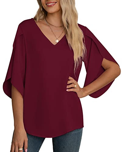 Yommay Chiffongblus för kvinnor damtoppar elegant ledig lös 3/4 veckad delad ärm V-hals sommarblus t-shirts, Vinrött, M