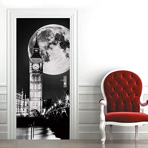 Adesivo Murale Per Porta Murale Per Porta 3D Luna In Bianco E Nero Della Costruzione Della Città Adesivi Per Porte Murali Per Pareti Interne Carta Da Parati Artistica Per Poster Decalcomanie Per Port