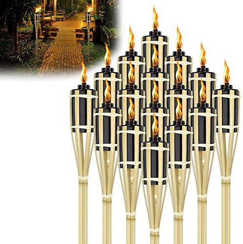 LZQ 12 Stück Gartenfackeln für Draußen 90cm Gartenfackel, Ölfackeln Bambusfackeln Fackeln mit Docht Stimmungsvolle für Draußen Deko