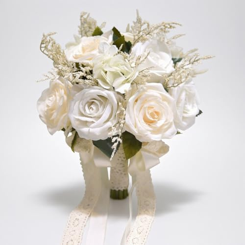 LESING Bouquets de mariée artificielles Faits à la Main – Bouquets de Mariage romantiques pour la mariée, Demoiselle d'honneur Tenant des Fleurs (Bouquet de Rose Blanc 1)