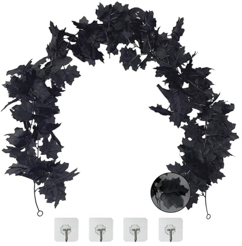SOQKEEN 2 Pack Black Maple Leaf Halloween Garland, Artificial Fall Decor | Gothic Black Leaves with 4 Hooks, Easy to Hang on Doors, Fireplaces, Walls & Windows for Spooky Halloween Decorating
