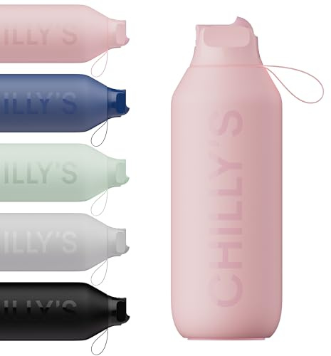 Chilly's Series 2 Flip Water Bottle with Sports Lid - Vacuum Insulated Stainless Steel Water Bottle with Straw, Carry Loop, & Cleaning Brush - No Sweat - 500ml - Blush Pink