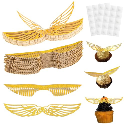Gold Glitter Flügel Cupcake Deko, 50 Stück Geburtstags Deko, Schokolade Gold Glänzend Flügel Kuchen Dekoration für Bonbons Geburtstag Party Cupcakes Deko