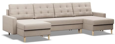 Mebligo - U-Förmige Ecksofa mit Schlaffunktion und Bettkasten BLANK, Bonell-Federn, Couch U Form 294x92x140 cm, Klappsofa mit Schlaffunktion, Wohnzimmer Eckcouch mit Bettfunktion - Ecksofa Beige