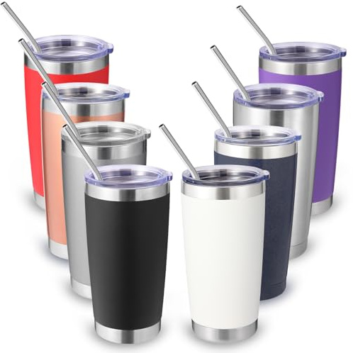 Volhoply 550 ml 20 oz isolerade resemuggar med lock och sugrör, bulk 8-pack, dubbelväggig kaffemugg i rostfritt stål passar i kopphållare, pulverbelagda koppar för varma och kalla drycker, BPA-fria