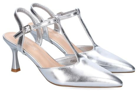 92318 Zapatos de Tacon Fino para Mujer, Elegantes, Punta Fina, Diseno Moderno con Tira en el Empeine y Cierre de Hebilla, Ideales para Primavera-Verano. Plata Talla 38
