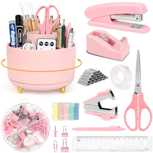 Cute Stationery Set, 12 in 1 Office Supplies & Desk Accessories for Women with Stapler & Staples Set, Pencil Holder, Tape Dispenser, Scissors, Clips, Ruler, Gift for Teachers, Students, Girls (Pink)