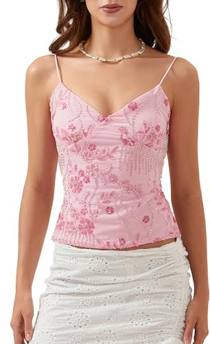 Felcia Women Sequin Sparkle Halter Crop Tops Y2k Pearl Embellished Cami Sexy Tank Tops Going Out Tops Party Clubwear (A-Pink, S)