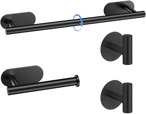 Laimew Juego de Accesorios de baño de 4 Piezas sin taladrar Acero Inoxidable Negro Barra de Toalla de 31.5 Pulgadas Soporte para Papel higiénico 2 Ganchos para Batas