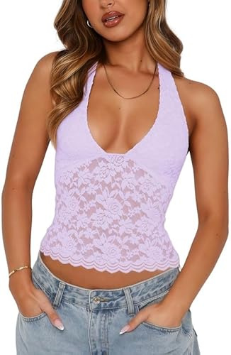 Sukiglam Débardeur Femme Ete Crop Top Chic Et Élégant Haut Dentelle Sexy sans Manches Haut à col Halter Y2k Camisole Doux Slim Fit Caraco Tops Dos Nu Chemisier Court en Dentelle Transparente