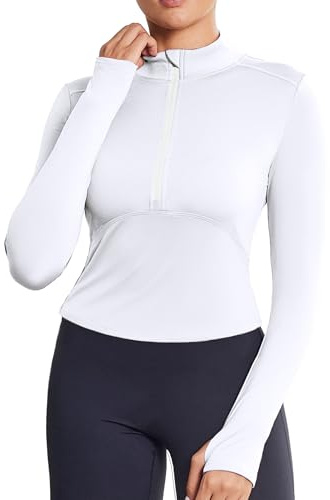 PINSPARK T-Shirt De Sport pour Femme, en Polaire, à Manches Longues, avec Fermeture éClair 1/4, sous-VêTement Thermique, T-Shirt Sport, Coupe Slim, Fonctionnel, Course, Haut Yoga, Gym
