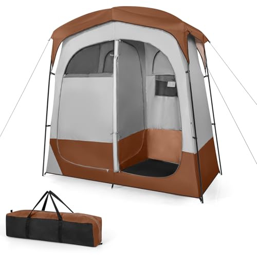 GOPLUS Tienda de Ducha para 2 Personas, Tienda de Camping de Vestuario Portátil con Ventanas, Puerta de Cremallera, Cubierta de Lluvia, Bolsa de Transporte, Refugio de Baño(Marrón)