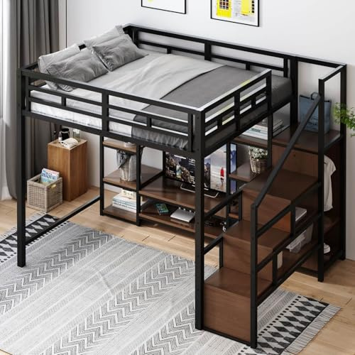 PUGSDRLY Lit Mezzanine 2 Place 140x200cm,Lit en Hauteur pour Enfants et Adolescents,avec Étagères et échelles de Rangement,Prise électrique,Métal et Bois,sans Matelas (140)