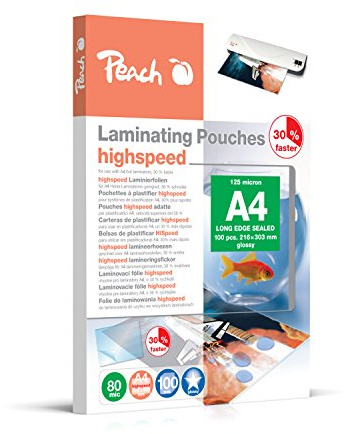 Peach Pellicola di laminazione A4 – 80 mic – 100 pouches – lucido ad alta velocità – utilizzabile in plastificatrici A3 di tutte le marche – PP580-22