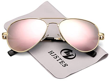 HJSTES Polarized Kids Aviator Sunglasses for Girls Boys Classic Juniors Glasses UV400 Protection Lens,52mm(Glod/Pink Mirror)