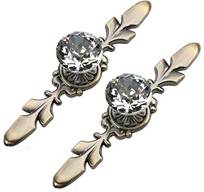 BOZONLI 2-pack kristallknoppar diamantformade skåpdörrknoppar skåp garderob låda draghandtag med 120 mm brons bladplatta