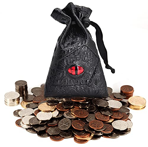 Viipha DND Metallmünzen 60er Set mit Ledertasche - Gaming Tokens, Piratenschatz, Zubehör & Requisiten für Brettspiele