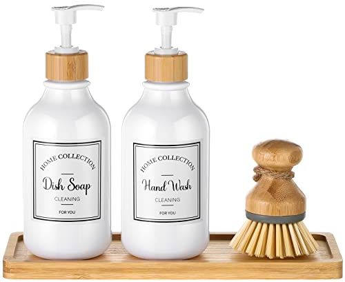 4 delar kök tvåldispenser set 16 oz disktvåldispenser med bambu pump tvålbricka och diskborste badrum tvåldispenser set med vattentäta etiketter för handtvål skål lotion (vit)