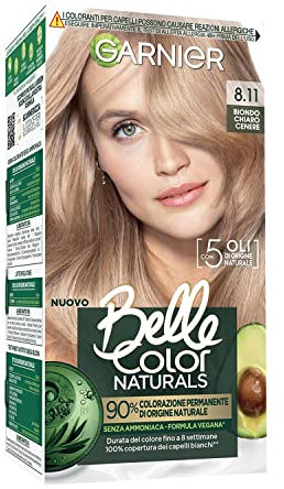 Garnier Colorazione Permanente Belle Color Naturals, Per un Colore Luminoso fino a 8 settimane, Senza ammoniaca al 90% di Origine Naturale, Biondo Chiaro Cenere 8.11