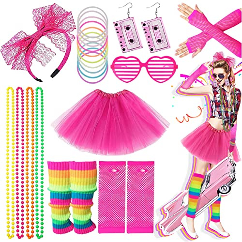 Ronilp 80s Fancy Dress for women,1980s Fancy Party Costume Accessories Neon Set, Tutu Skirt Rainbow Leg Warmers Neon Necklaces Bracelets Fishnet Gloves 80s Lace Bow Headband Tape Earrings Sunglasses