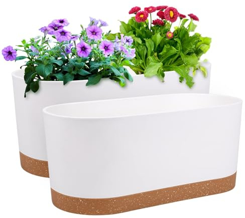 QCQHDU 40.6x19.3x17.8cm Window Planter Box, 2 Pack Self Watering Pots for Indoor Plants with Drainage Holes & Saucer, Outdoor Flower Pots Home Garden Modern Decor (White, 40.6cm)