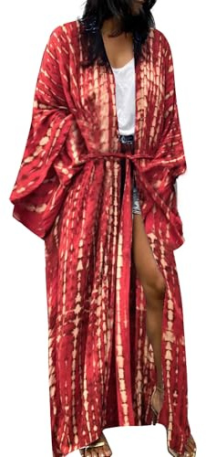 Bsubseach Lång kimono, med öppen front, strandklänning för damer, G-röd, En Storlek