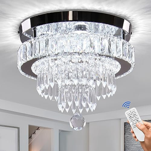 Finktonglan Lámpara de araña LED, regulable, 30 cm, moderna lámpara de cristal LED con mando a distancia, 3 colores de luz, lámpara de techo de cristal intercambiable para dormitorio, salón, pasillo