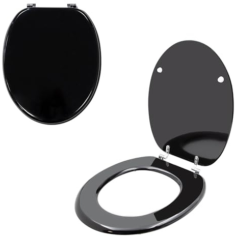 Anika Black Gloss Finish Toilet Seat, 43 x 37.5cm, Chrome Plated Hinges | Easy Installation, Moisture Resistant PVC Veneer, Easy Clean Bathroom Toilet Seat, Fits Most Standard Toilets, Modern Design