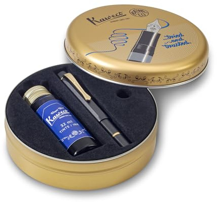 Kaweco PISTON SPORT AL Black/Gold Starter Set I Classic Fountain Pen with Steel Nib in Nostalgic Box including Ink Bottle in Royal Blue 13 cm I Nib: F (Fine)