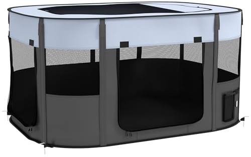 PawHut Dog Pen, Pet Playpen, Portable Foldable Dog Cat Playpen Soft Pet Cage with Storage Bag for Puppies, Rabbits, Kittens, Guinea Pigs, 114 x 89 x 59cm - Grey
