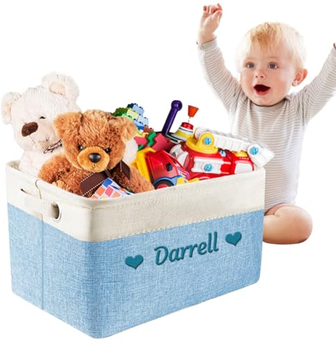 Personalized Kids Toy Box for Boys Girls, Custom Embroidered Name Toy Bin with Handles，Kids Toy Storage Organizer , Collapsible Storage Basket , Rectangular Bin for Kids Toys, Clothes, Books（Blue）