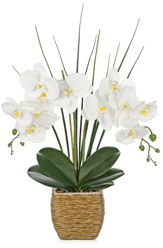 Oairse - Orchidea artificiale Phalaenopsis in vaso da 55 cm, bianco, con vaso a cestino intrecciato, pianta finta decorativa per centrotavola da interno, ideale per la casa e l'ufficio