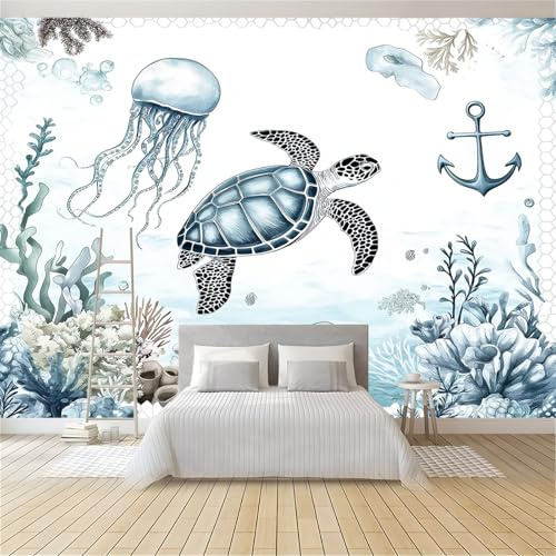 Murales Papel Pintado Salon Pintura De Acuarela Tortugas Marinas Medusas 250 x 175 cm Fotomurales 3D Tejido No Tejido Papel Tapiz Fotográfico Decorativos Murales Dormitorio Oficina Hotel